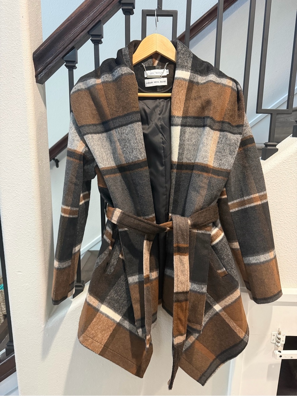 Chicwish Brown & Gray Plaid Belted Trench Coat